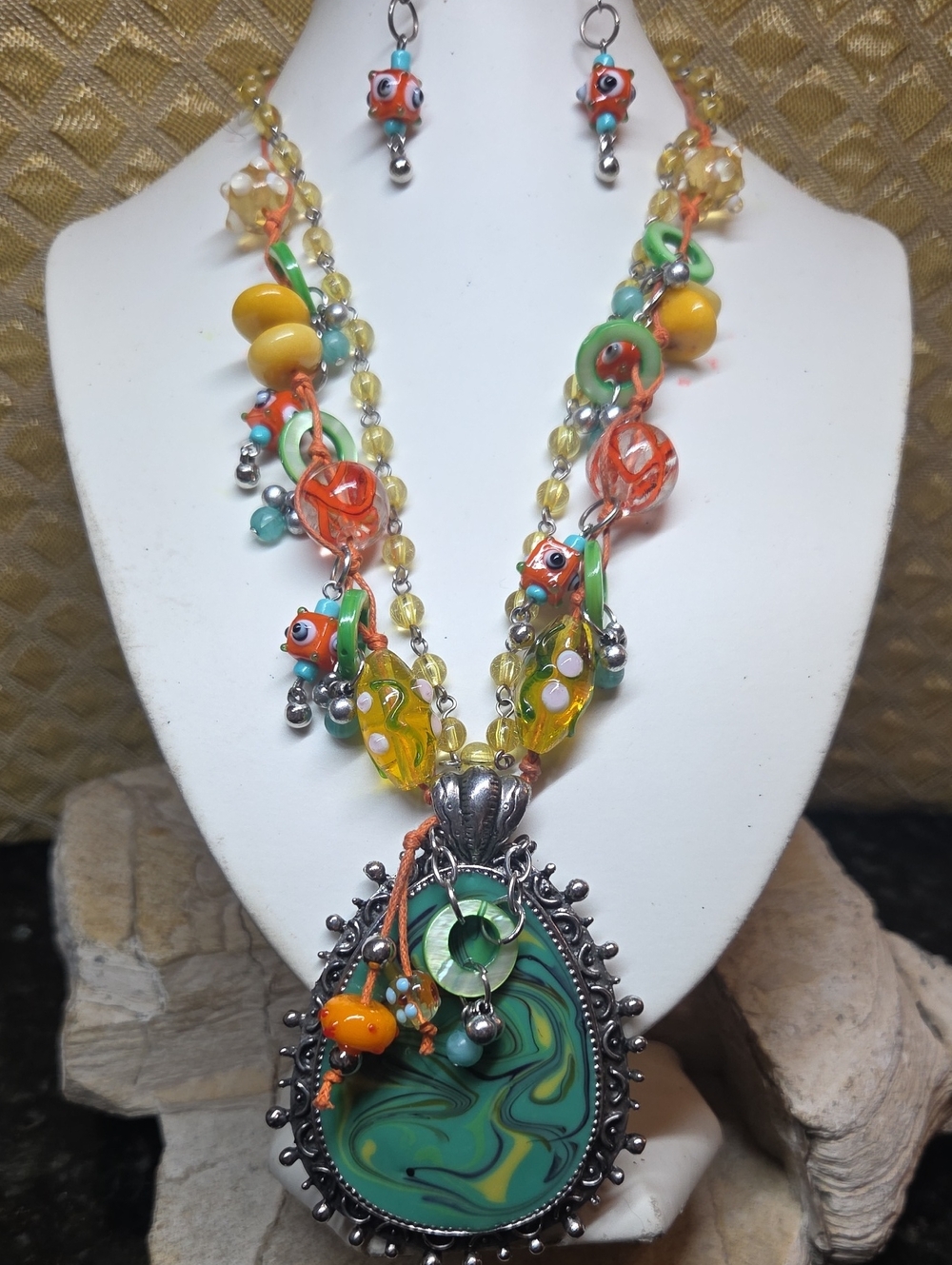 Treska Art Glass, MOP, Stone And Green Teardrop Pendant Necklace & Earrings